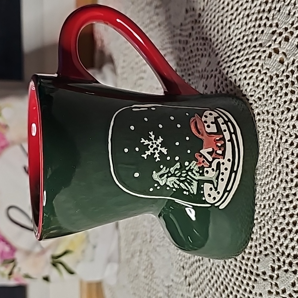 Christmas Mug With Winter Scene Fox snow and Tree. Shape of a boot